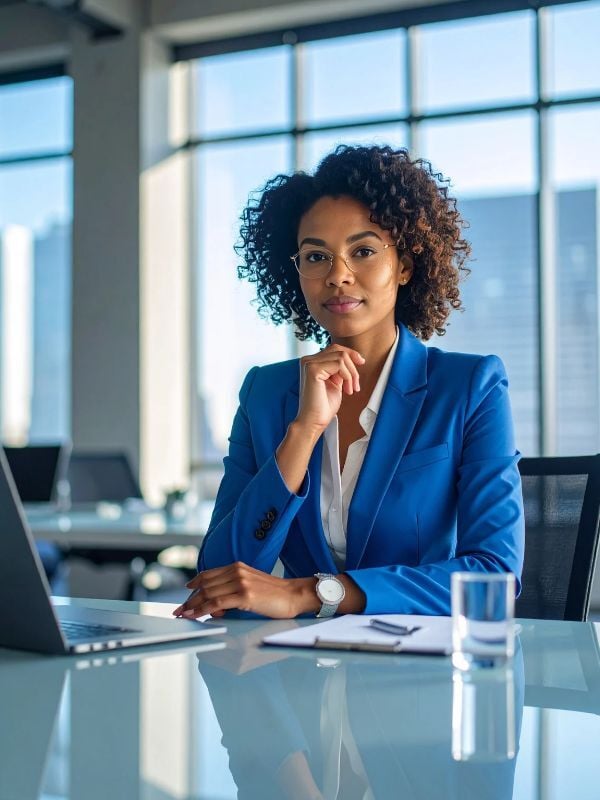 Businesswoman in a blue blazer considering a teaching career